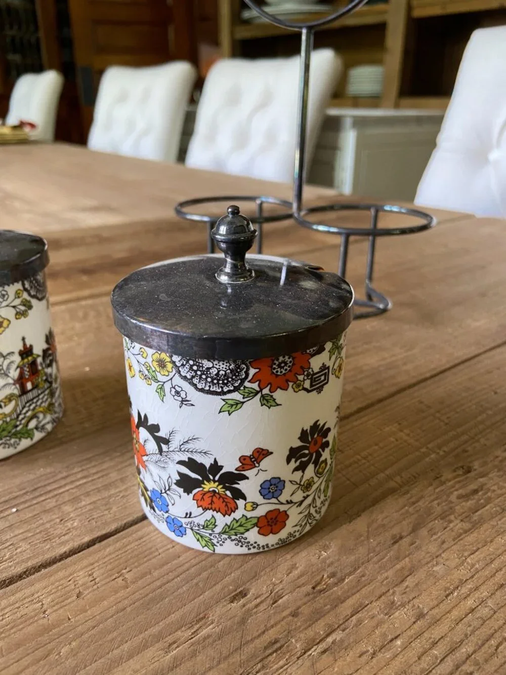 vintage porcelain condiment jar set, retro porcelain kitchen canister set
